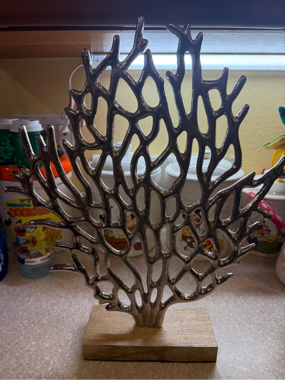Silver Coral Branch Home Decor on Wooden Base Ocean Sea Decoration - Picture 2 of 12